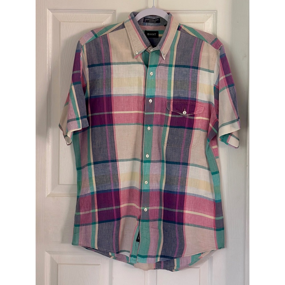 Gant Button Down Shirt Mens Large Multi Color Madras Plaid Short Sleeve